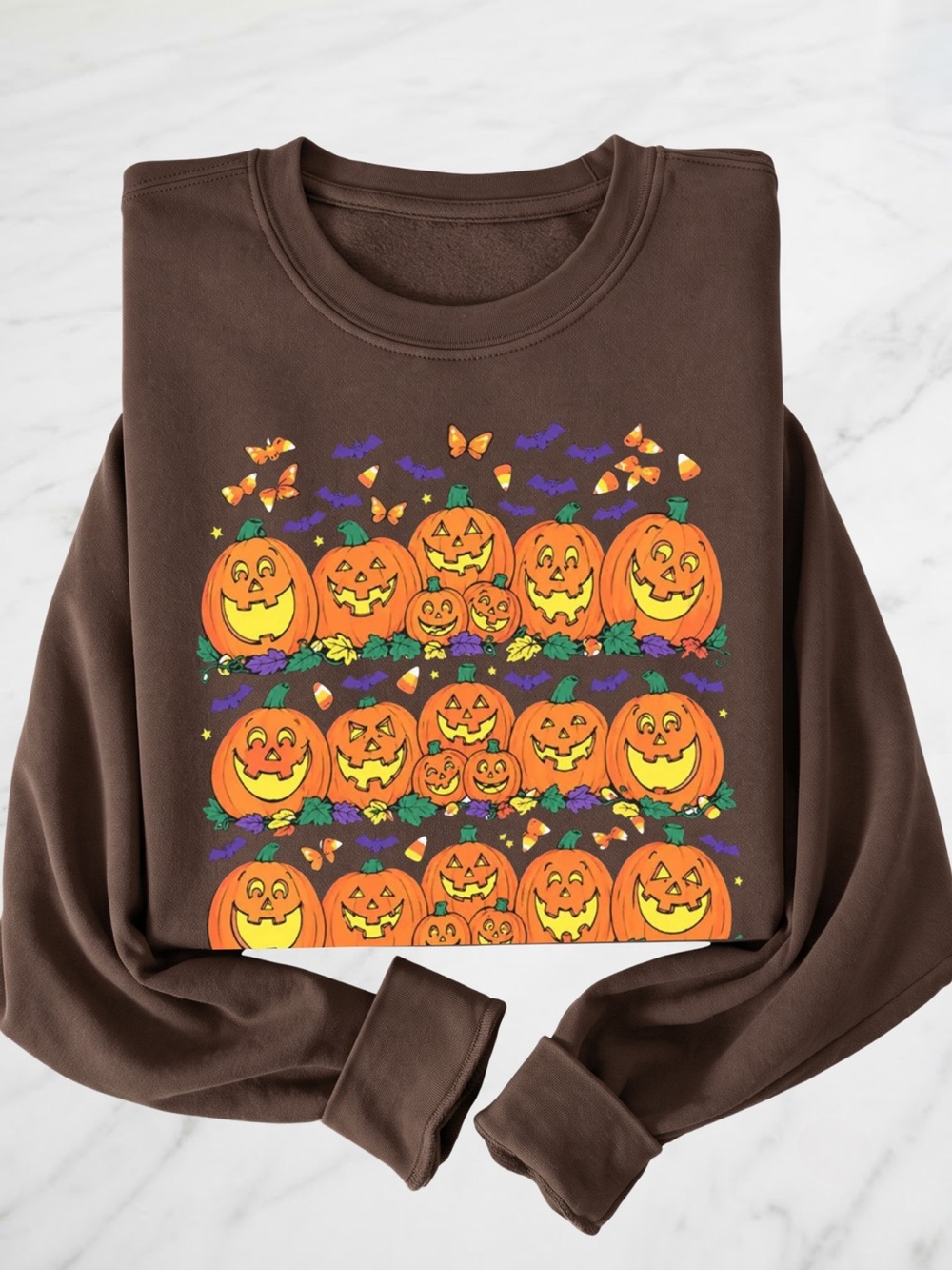 Gildan Brown Sweatshirt with Orange Pumpkin Rows and Purple Accents